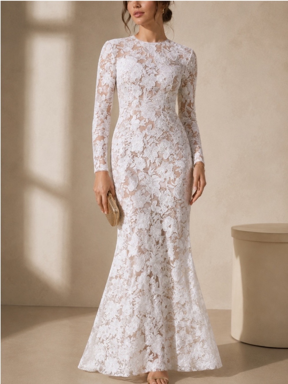 Nadine Merabi Sasha White Maxi Dress Long Sleeve Lace Floor Length